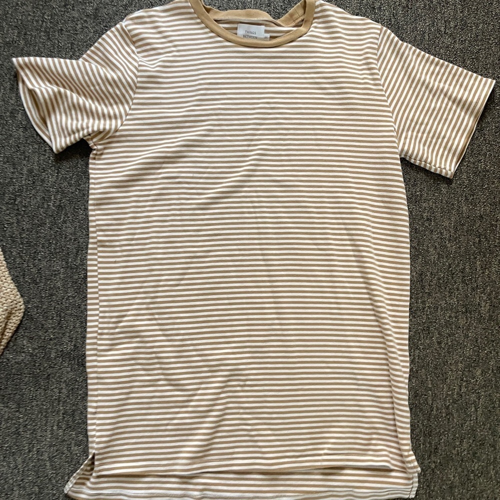 Things between Striped Tan and White womans tshirt dress size medium 100% cotton